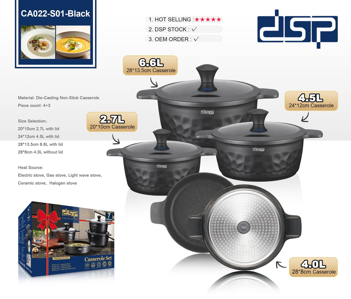 DSP 4-Piece Nonstick Casserole Set - Die-Cast Aluminum Pots With Glass Lids 2.7L to 6.6L Bakelite Knobs & Silicone Edge CA022-S01