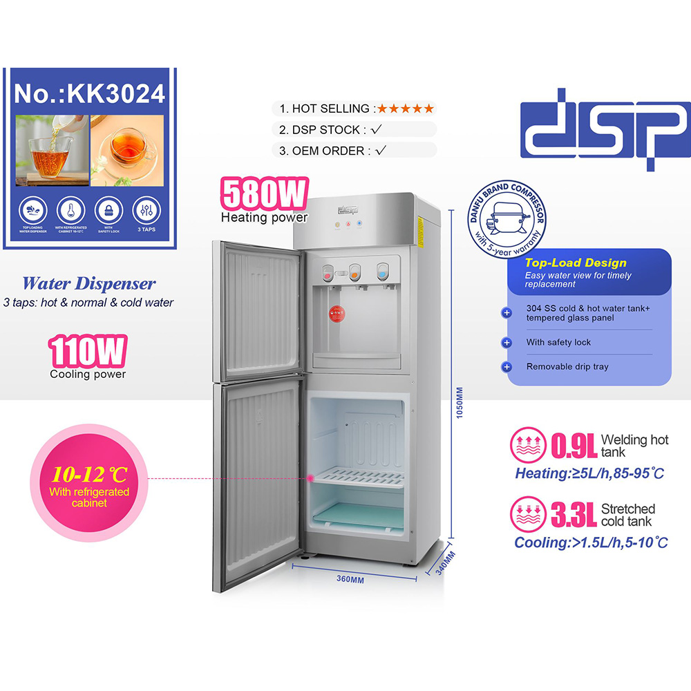 DSP Top-Loading Water Dispenser with Refrigerated Cabinet - Hot / Cold / Normal KK3024