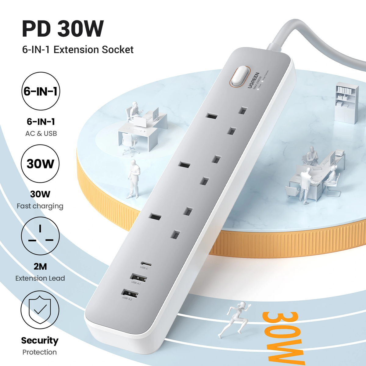 UGreen Powerstrip 3 Ac Outlet 3 Ports 2A1C 30W White