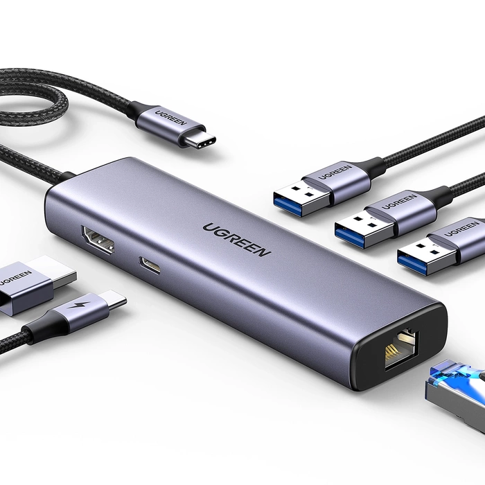 UGREEN 1in6 CM512 USB-C to 3x USB A 3.0 HDMI RJ45 PD Converter adapter