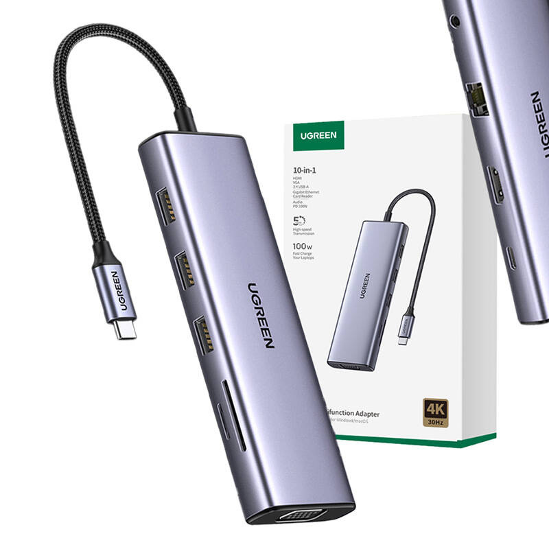 UGREEN CM498 10-in-1 Adapter USB Hub to 3x USB-A 3.0 HDMI VGA RJ45 SD/TF AUX3.5mm PD Converter