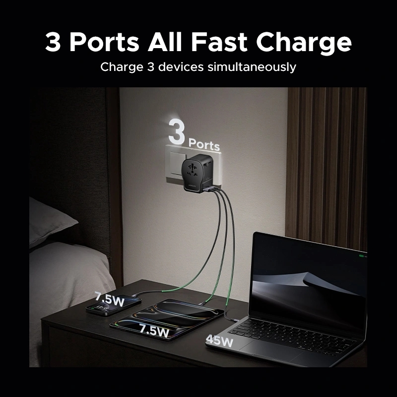 UGreen GaN 65W 3-Port 1A-2C PD Fast Travel Charger