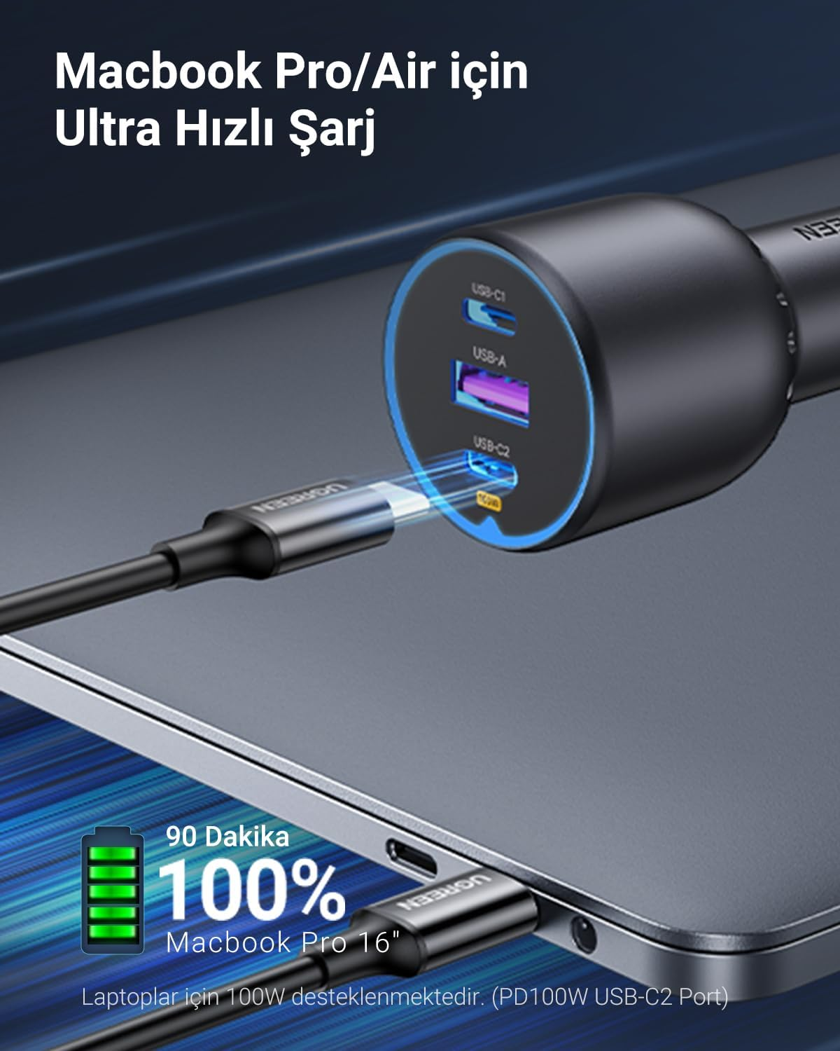 UGREEN 130W 3-Port 1A 2C Pd Fast Car Charger with C-C Cable Gray
