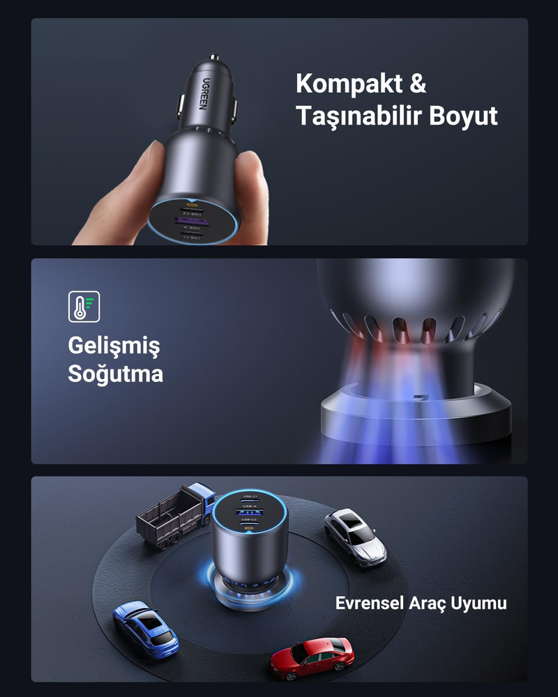 UGREEN 130W 3-Port 1A 2C Pd Fast Car Charger with C-C Cable Gray