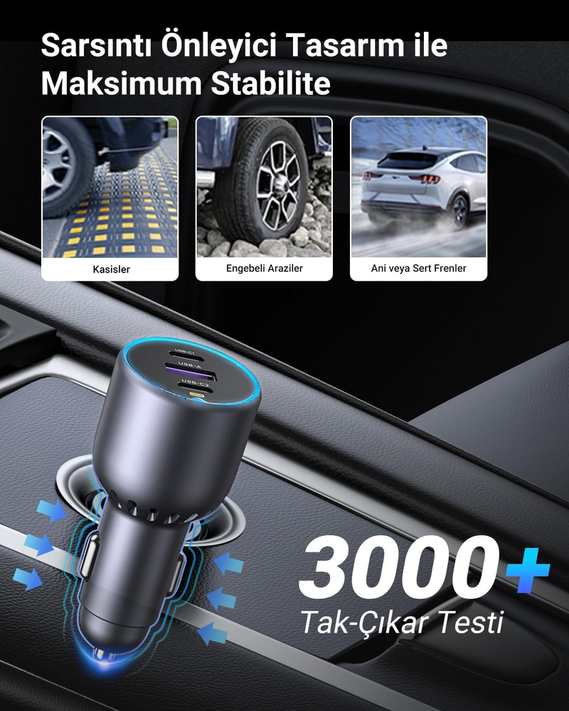 UGREEN 130W 3-Port 1A 2C Pd Fast Car Charger with C-C Cable Gray