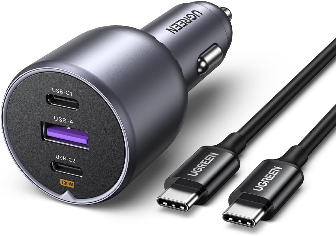 UGREEN 130W 3-Port 1A 2C Pd Fast Car Charger with C-C Cable Gray