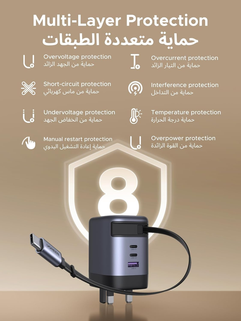 UGREEN NEXUD PRO 100W Wall Charger with Retractable USB-C Cable - Black