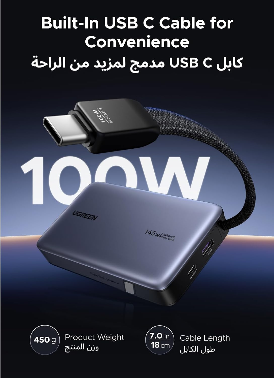 UGREEN Powerbank 20000mAh PB551 145W USB + USB-C CABLE