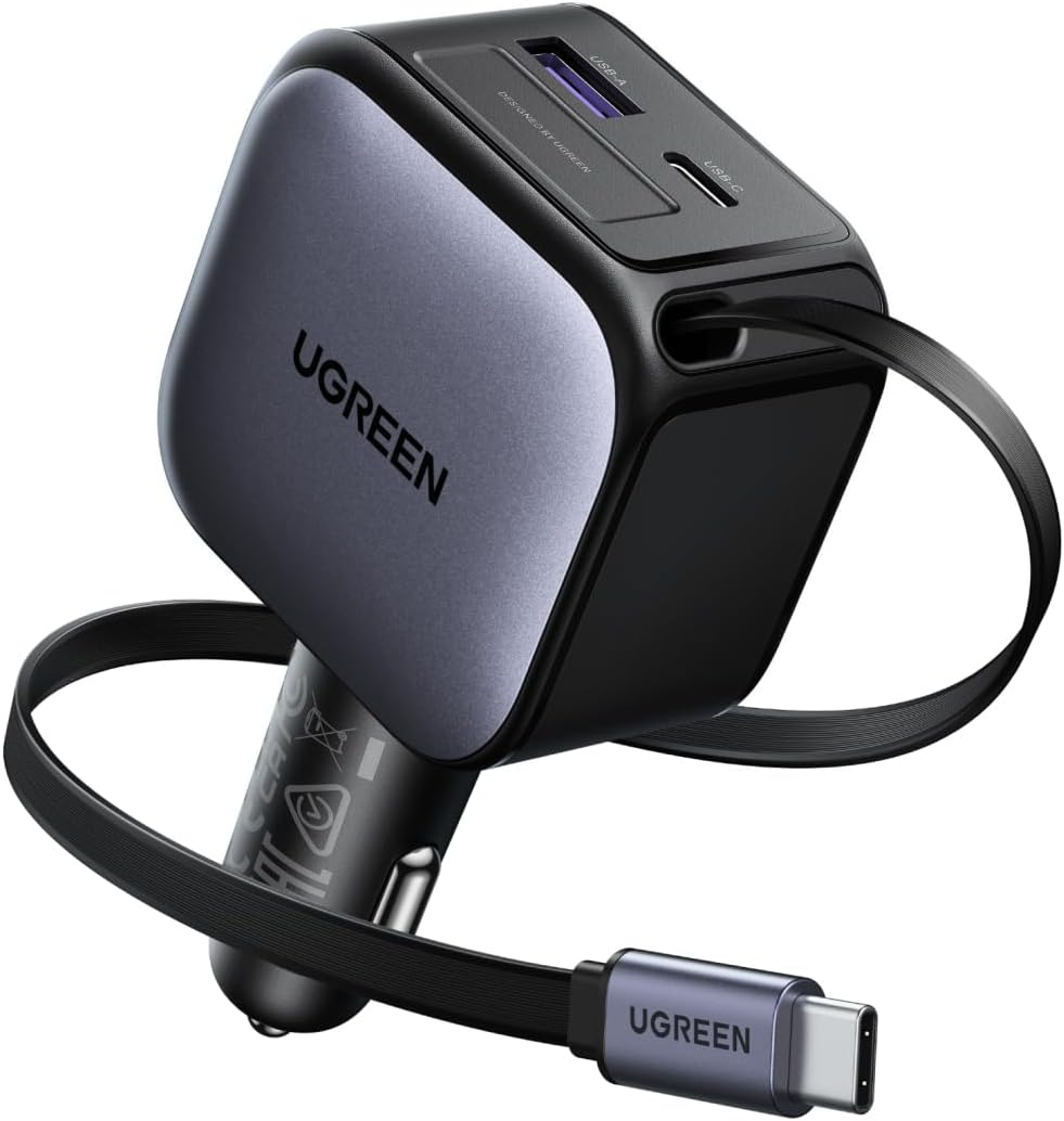 UGREEN 3-Port 1A 2C 60W PD Fast Car Charger with Retractable Cable