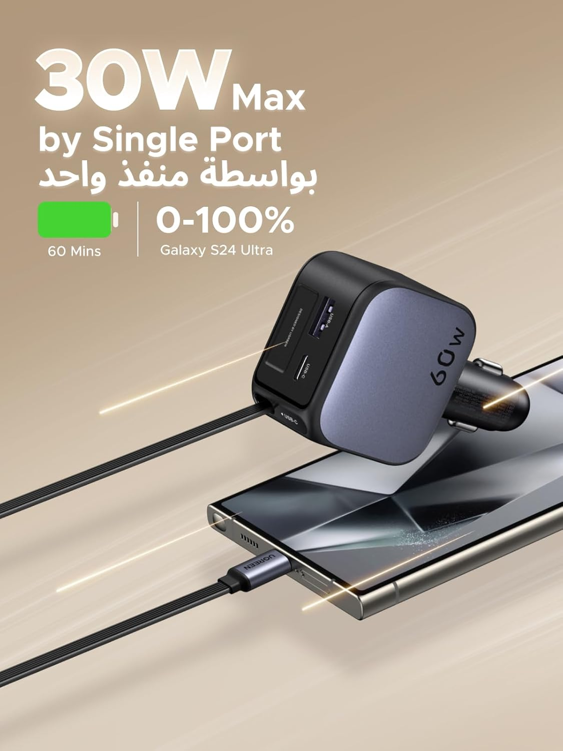 UGREEN 3-Port 1A 2C 60W PD Fast Car Charger with Retractable Cable