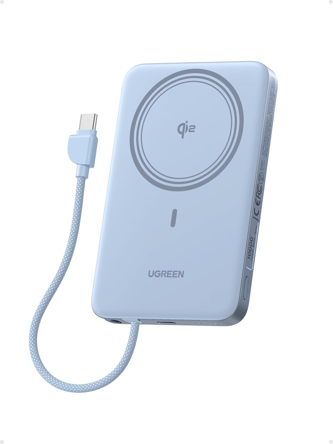 Ugreen Powerbank 10000 MAH PD 30W Magnetic Built in Type C Cable Blue