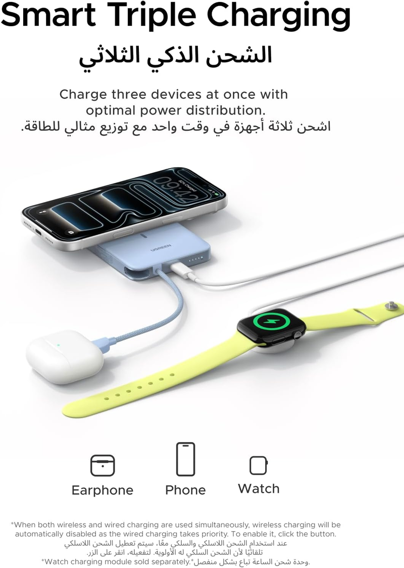 Ugreen Powerbank 10000 MAH PD 30W Magnetic Built in Type C Cable Blue