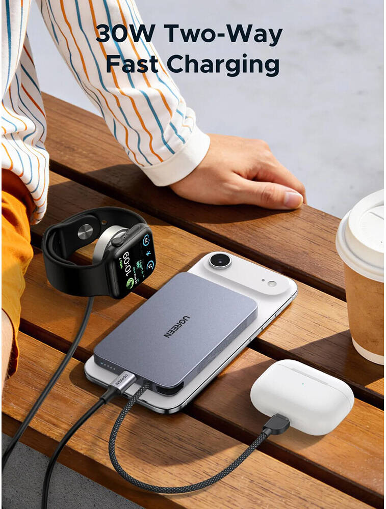Ugreen Powerbank 10000 MAH PD 30W Magnetic Built in Type C Cable Gray
