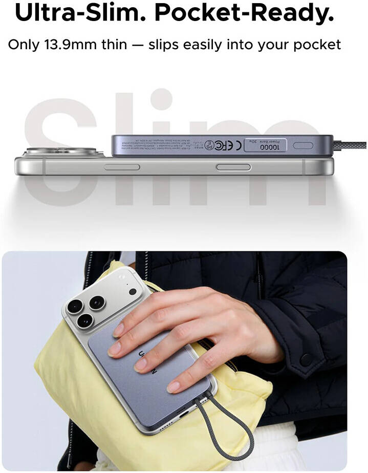 Ugreen Powerbank 10000 MAH PD 30W Magnetic Built in Type C Cable Gray