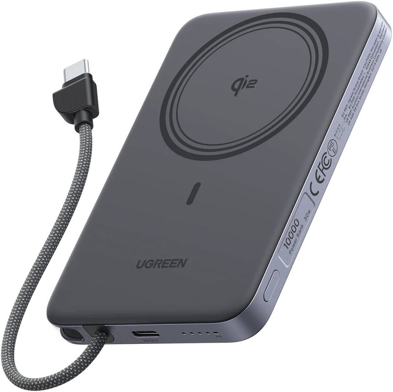 Ugreen Powerbank 10000 MAH PD 30W Magnetic Built in Type C Cable Gray