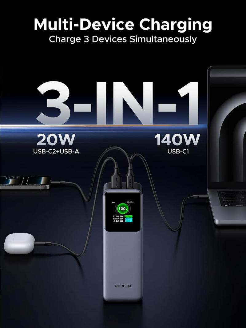 UGREEN Power Bank 25000 MAH PD 200W with Retractable Type C Cable Gray