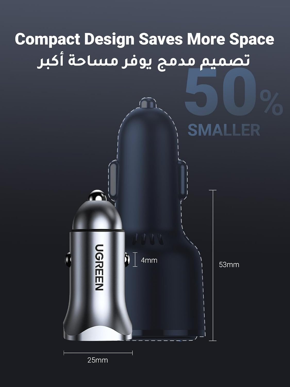 UGREEN Car Charger Fast Charging 24W 2Ports,USB A+USB C Power Car Adapter