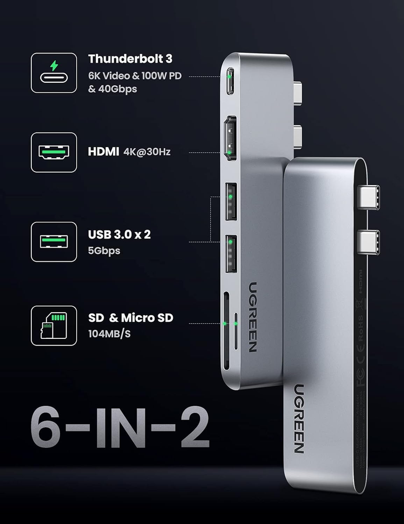 UGREEN 6-in-2 USB C Hub for MacBook Pro/Air‏   80856