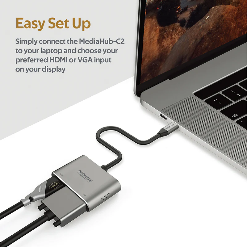 PROMATE MediaHub-C2 High Definition USB-C Display Adapter, 4K HDMI, 1080p VGA