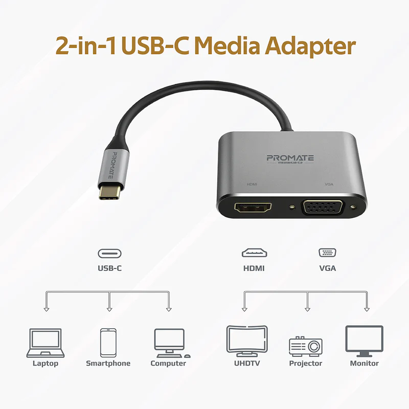 PROMATE MediaHub-C2 High Definition USB-C Display Adapter, 4K HDMI, 1080p VGA