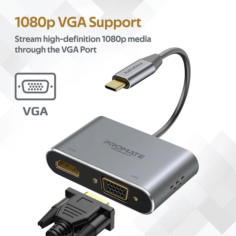 PROMATE MediaHub-C2 High Definition USB-C Display Adapter, 4K HDMI, 1080p VGA