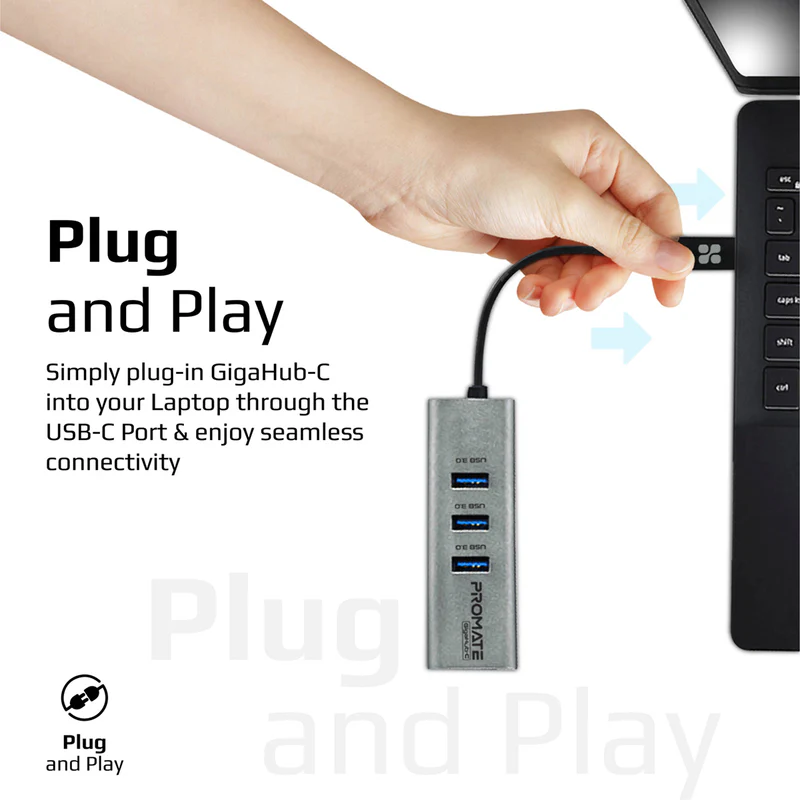 PROMATE GigaHub-C Multi-Port USB-C Hub with Ethernet Adapter, 3 x USB 3.0 Ports