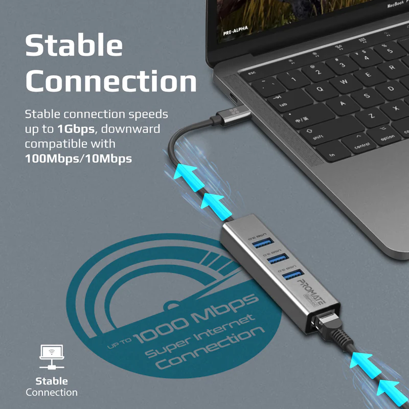 PROMATE GigaHub-C Multi-Port USB-C Hub with Ethernet Adapter, 3 x USB 3.0 Ports