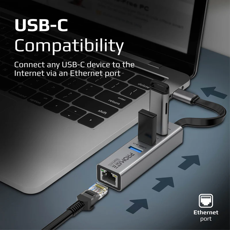 PROMATE GigaHub-C Multi-Port USB-C Hub with Ethernet Adapter, 3 x USB 3.0 Ports