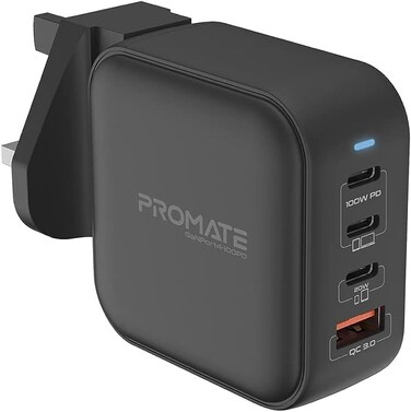 Promate 100W USB-C GaN Wall Charger with Dual USB-C PD 18W QC 3.0 20W Type-C PD Ports GaNPort4-100PD