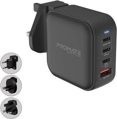 Promate 100W USB-C GaN Wall Charger with Dual USB-C PD 18W QC 3.0 20W Type-C PD Ports GaNPort4-100PD