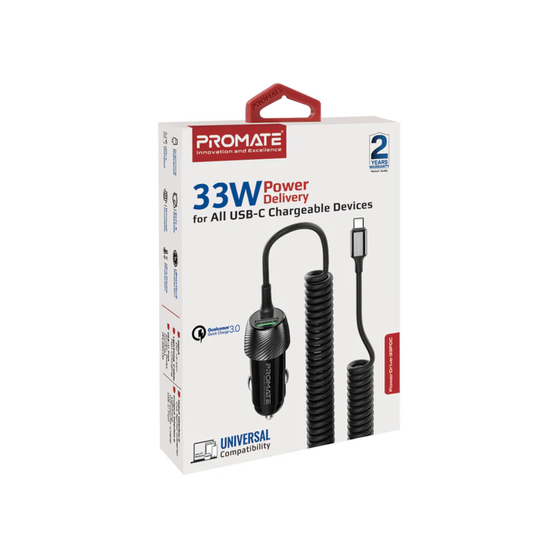 PROMATE PowerDrive-33PDC 33W Quick Charging Car Charger with USB-C Cable