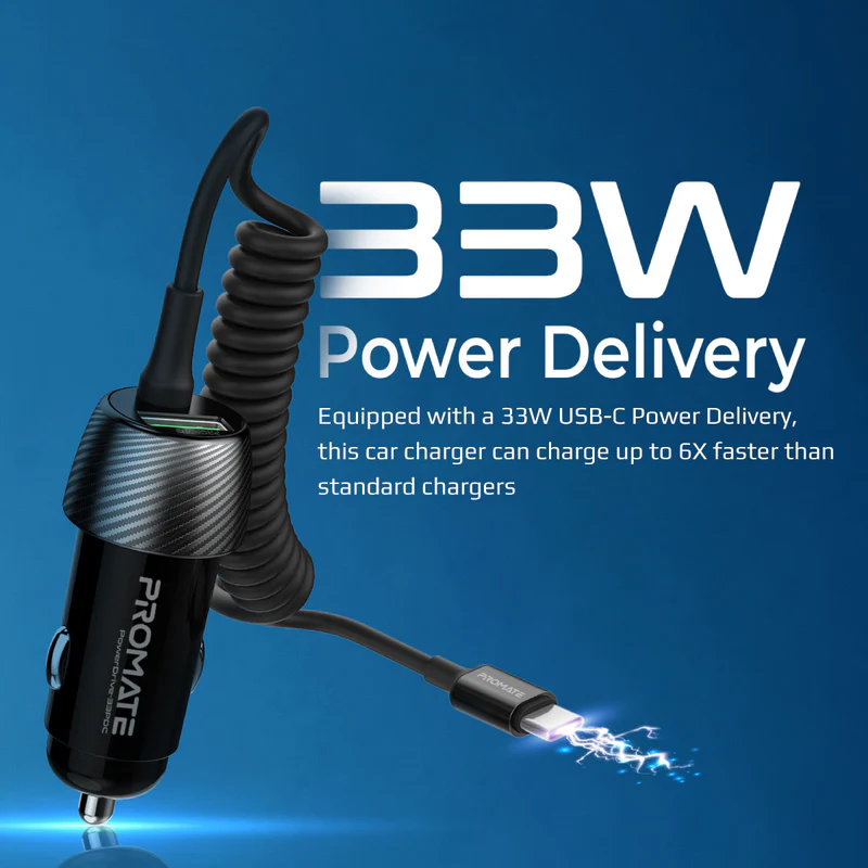 PROMATE PowerDrive-33PDC 33W Quick Charging Car Charger with USB-C Cable