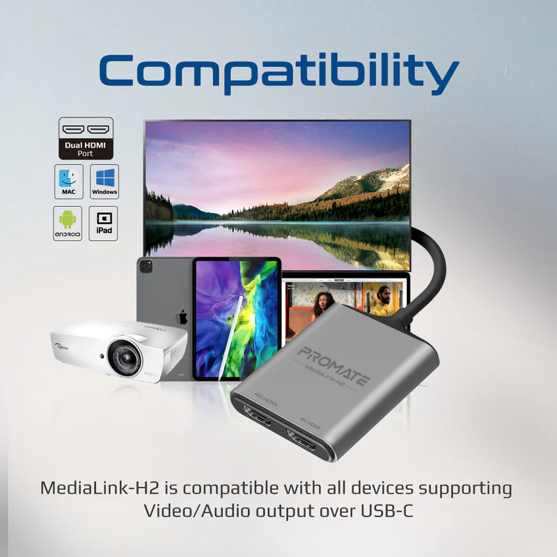 PROMATE MediaLink-H2 4K 60Hz High Definition USB-C to Dual HDMI Adapter