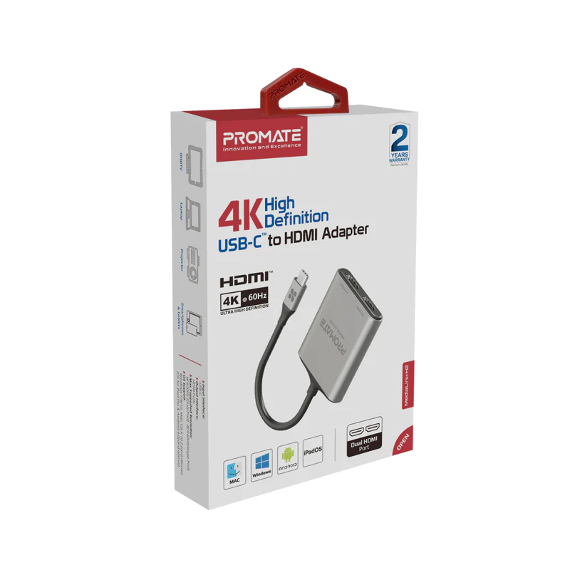 PROMATE MediaLink-H2 4K 60Hz High Definition USB-C to Dual HDMI Adapter