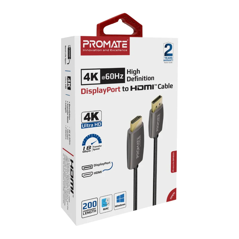 PROMATE ProLink-DP200 4K@60Hz DisplayPort to HDMI Cable,2m Cable Length
