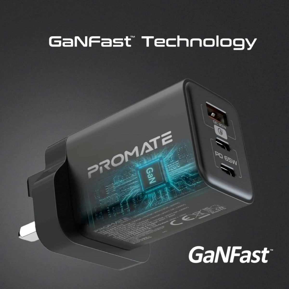 PROMATE PowerPort- 65W Dual USB-C Port GaNFast Charger