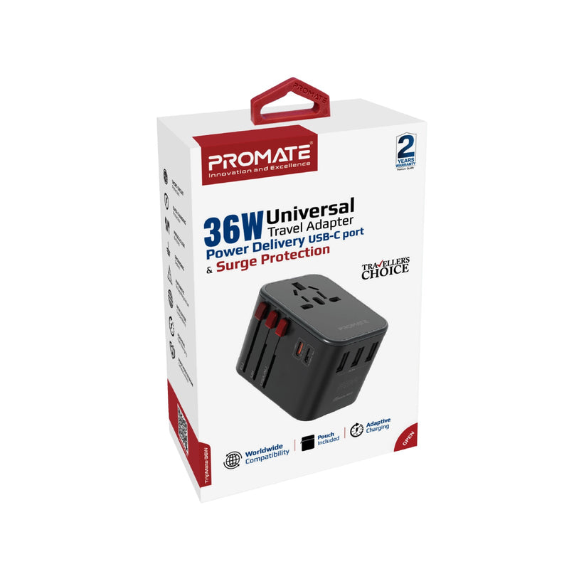 PROMATE TripMate-36W Travel Adapter with 1840W AC, 20W USB-C PD