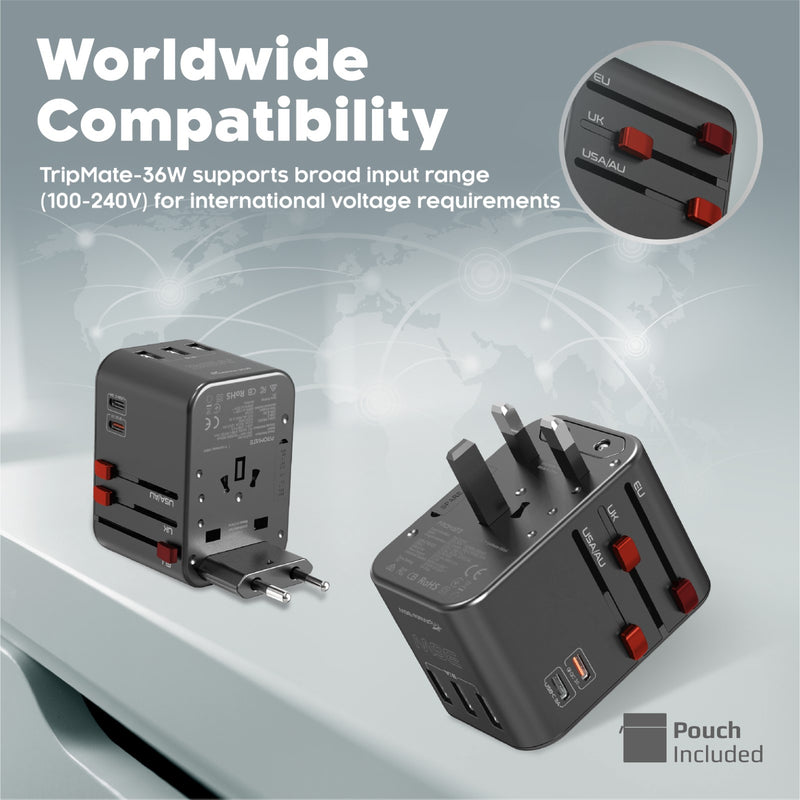 PROMATE TripMate-36W Travel Adapter with 1840W AC, 20W USB-C PD