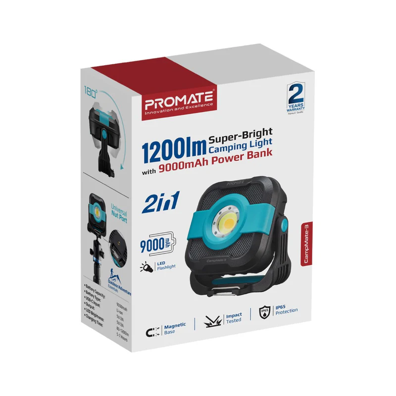 PROMATE CampMate-3 1200lm IP65 Camping Light with 9000mAh Power Bank