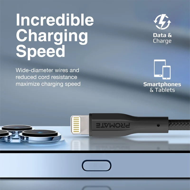 PROMATE XCord-Ai.Black USB-A to Lightning Connector Cable, 1Meter Length