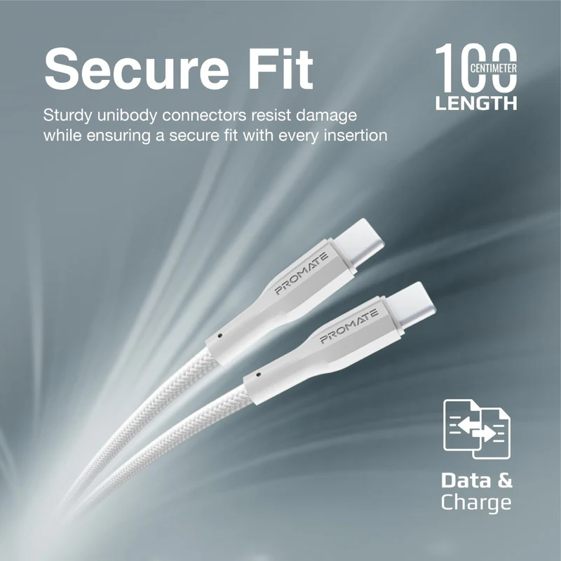 PROMATE XCord-CC.White USB-C to USB-C Data & Charge Cable, 1Meter Length