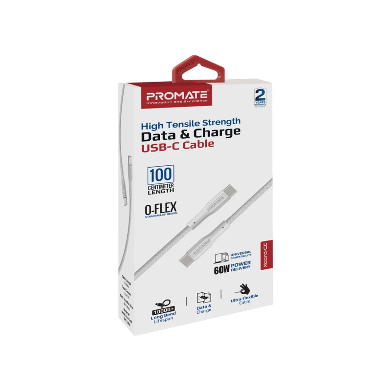 PROMATE XCord-CC.White USB-C to USB-C Data & Charge Cable, 1Meter Length
