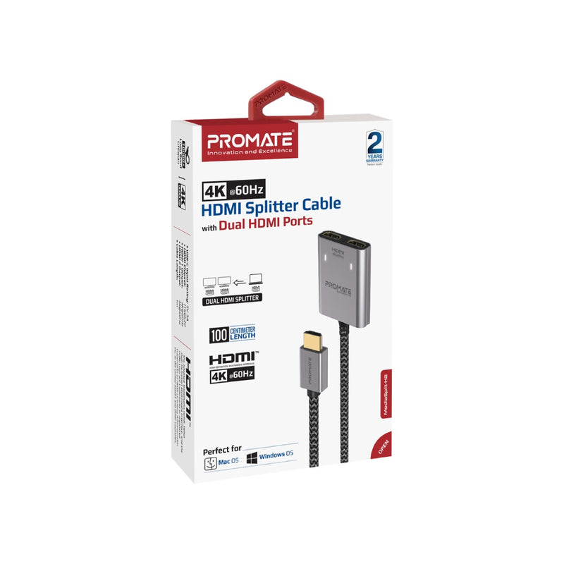 PROMATE MediaSplit-H2 4K @60Hz HDMI Splitter Cable with Dual HDMI Ports, 90cm length