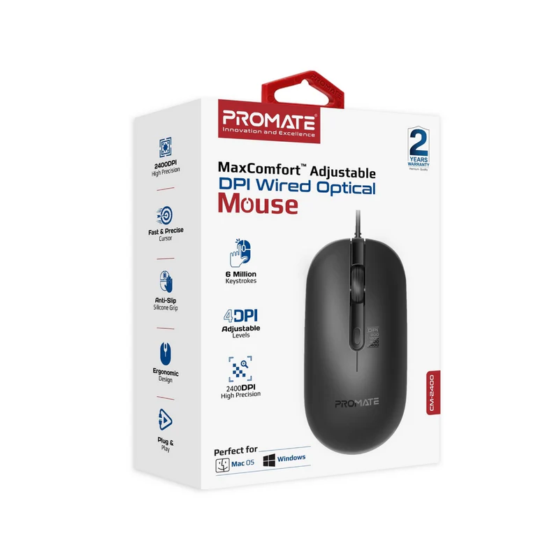 PROMATE CM-2400 Sleek 4 Button Wired Optical Mouse with 2400dpi, 1.5M Cable