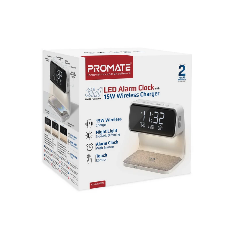 PROMATE Lumix-15W LED Alarm Clock with 15W Wireless Charger