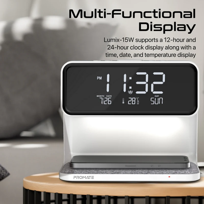 PROMATE Lumix-15W LED Alarm Clock with 15W Wireless Charger