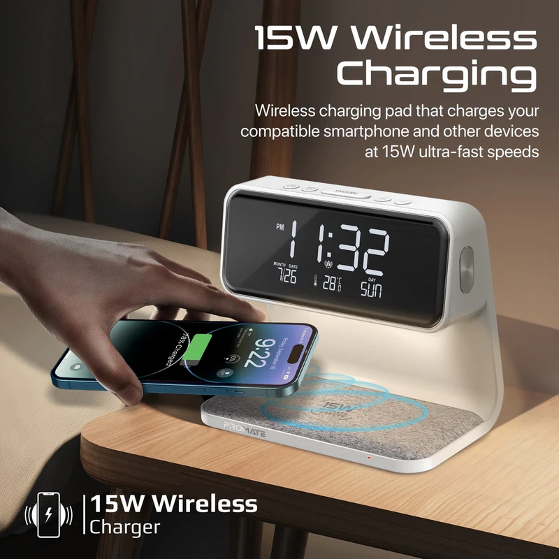 PROMATE Lumix-15W LED Alarm Clock with 15W Wireless Charger