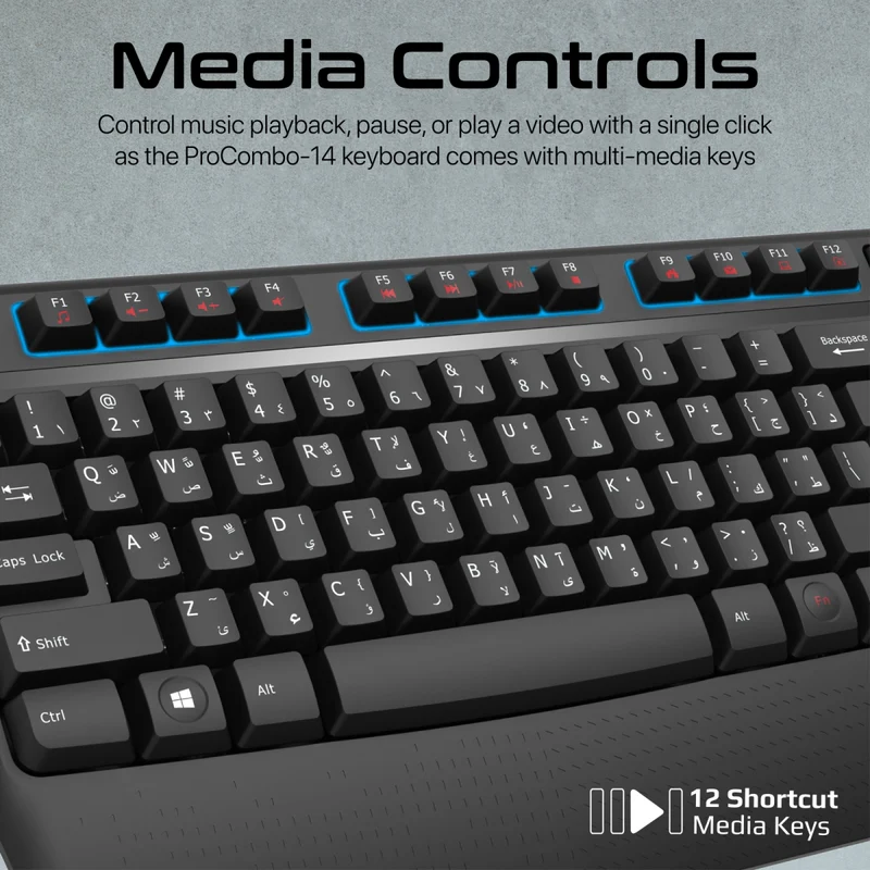 PROMATE ProCombo-14.EN/AR Ergonomic Wireless Multimedia Keyboard