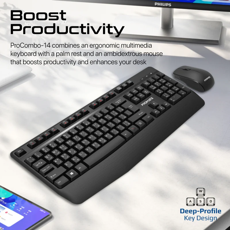 PROMATE ProCombo-14.EN/AR Ergonomic Wireless Multimedia Keyboard