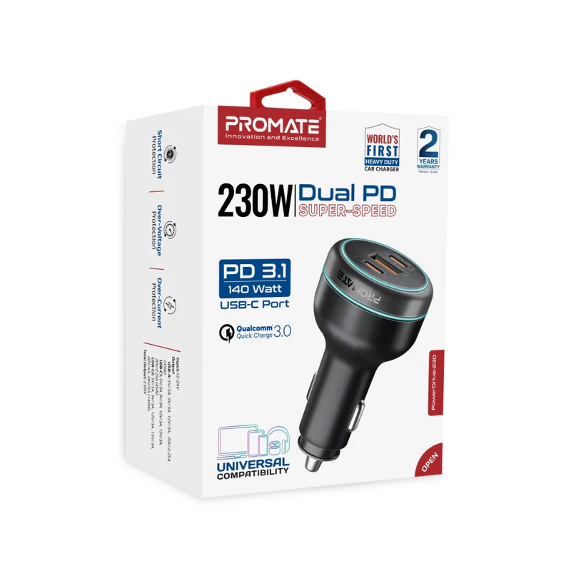PROMATE PowerDrive-230 230W Car Charger with 140W PD 3.1 USB-C